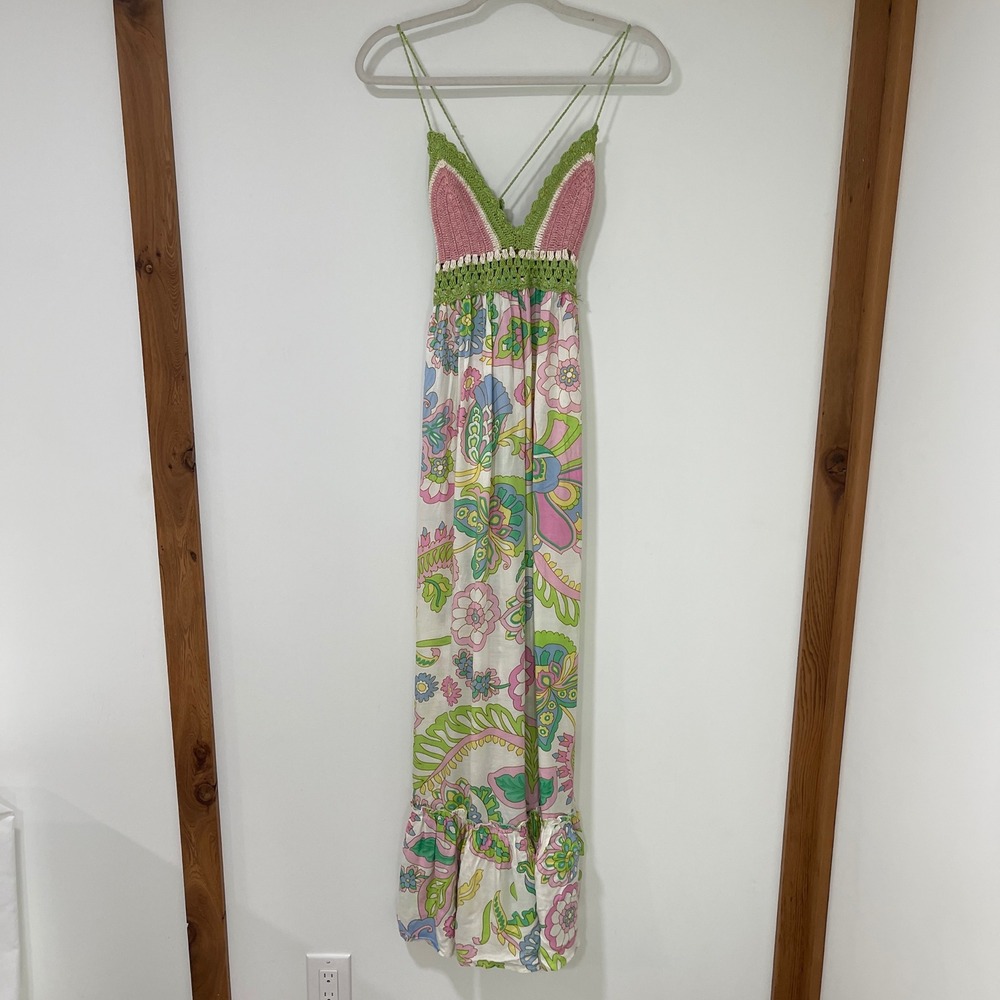 Miss June Paris Crochet Floral Maxi Dress Womens OS Multi Tassel | Bohemian